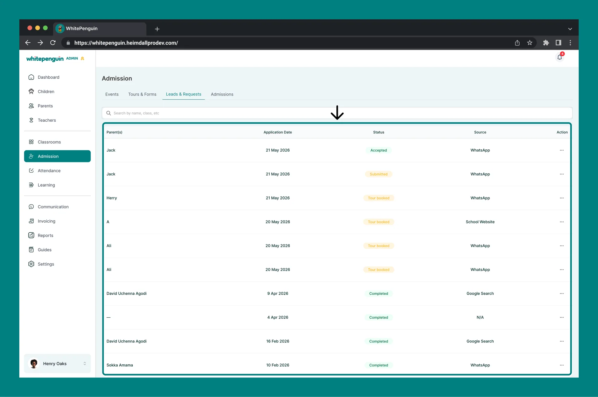 Manage Leads & Requests — Leads & Requests Table — What You See