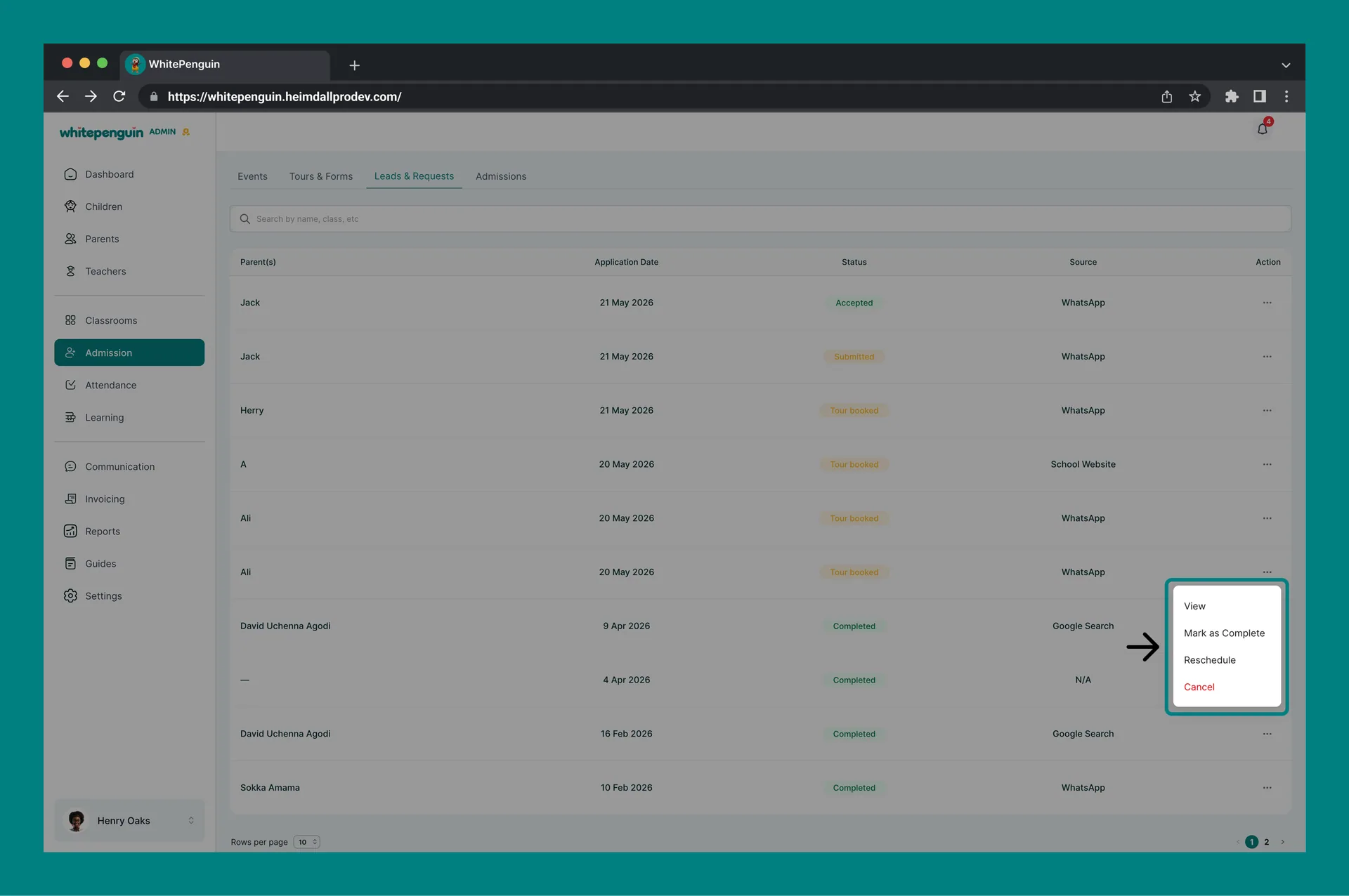 Manage Leads & Requests — When status is Tour booked