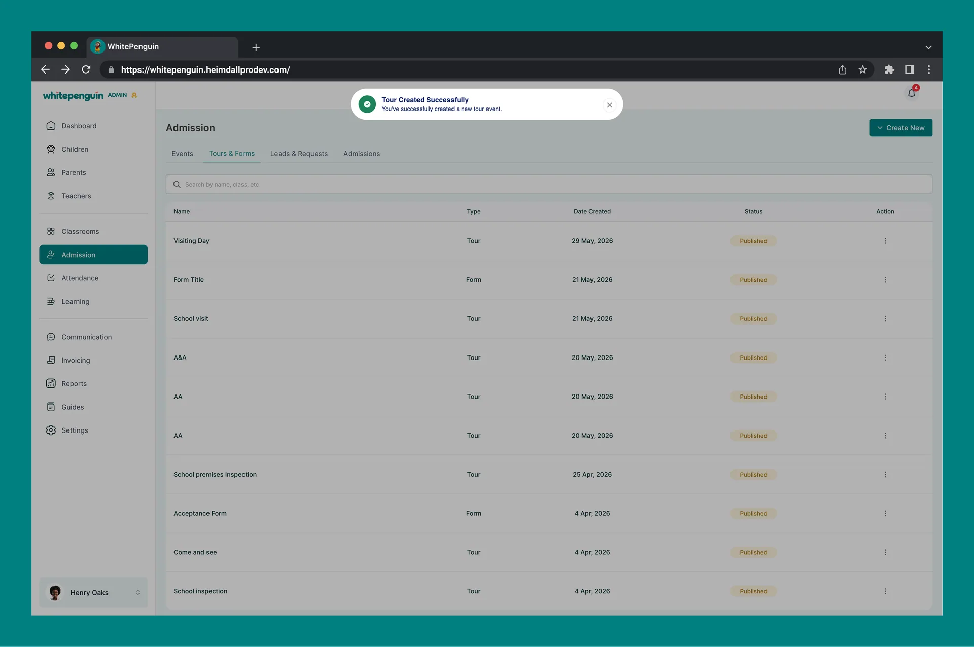 Manage Tours & Forms — After Saving the Tour