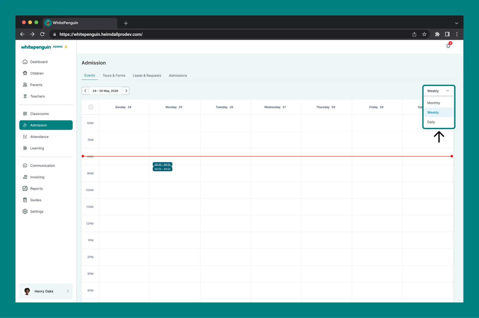 View Events Calendar — 2. View Switcher (top right)