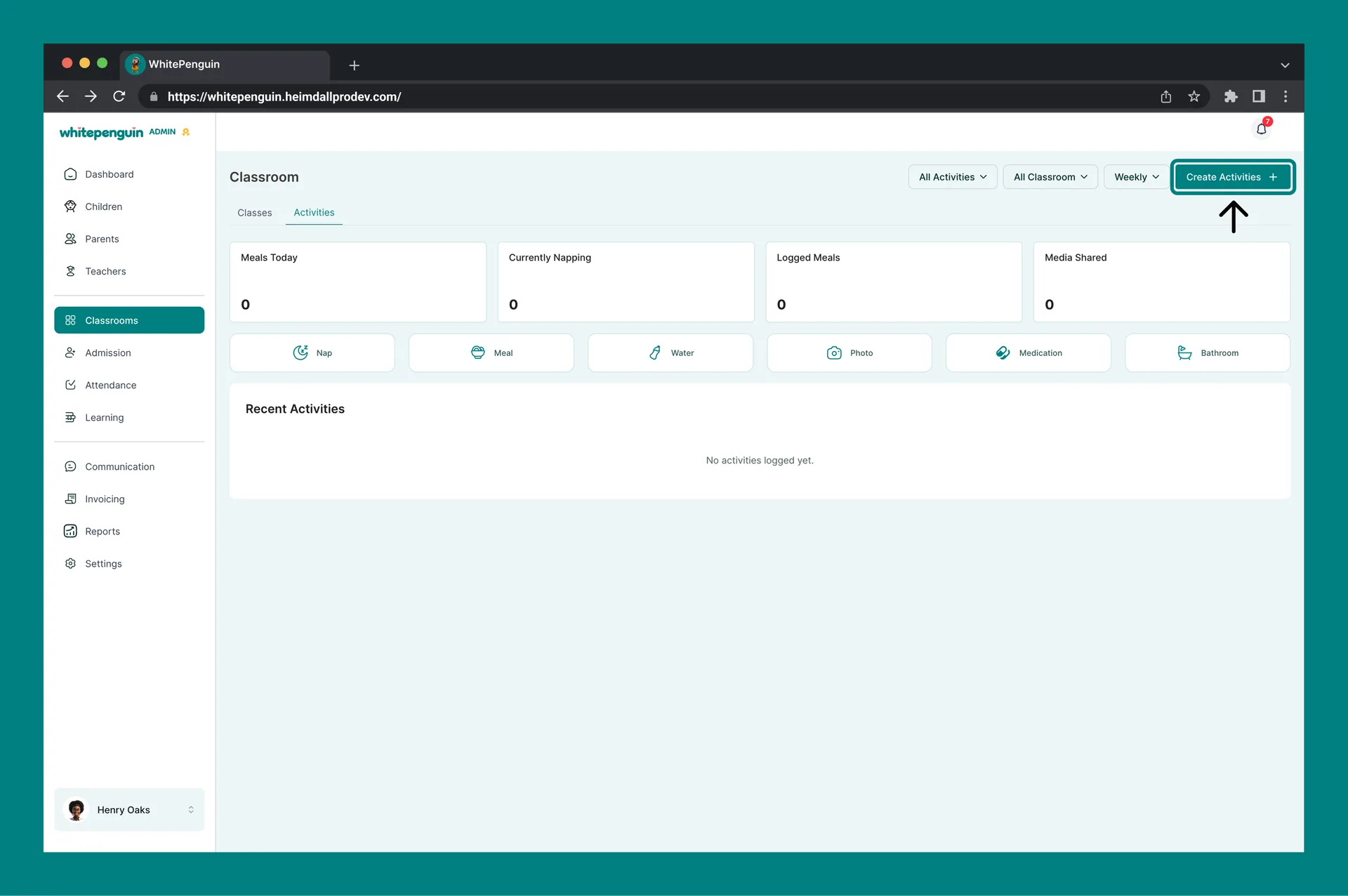 Activities Dashboard — Creating a New Activity