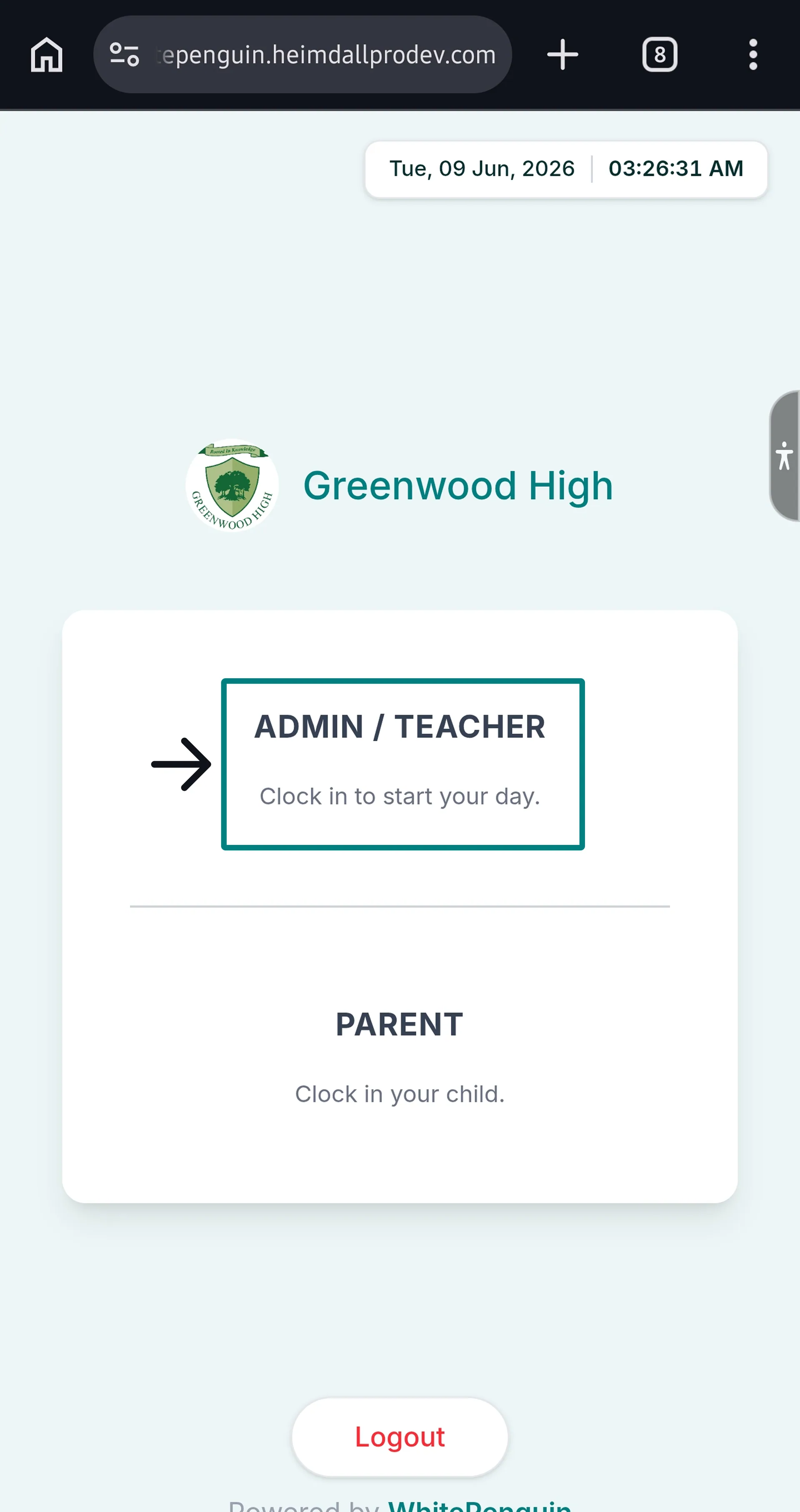 Clock In using Kiosk (Admin/Teacher - Parent) — Step 1: Access the Staff Interface