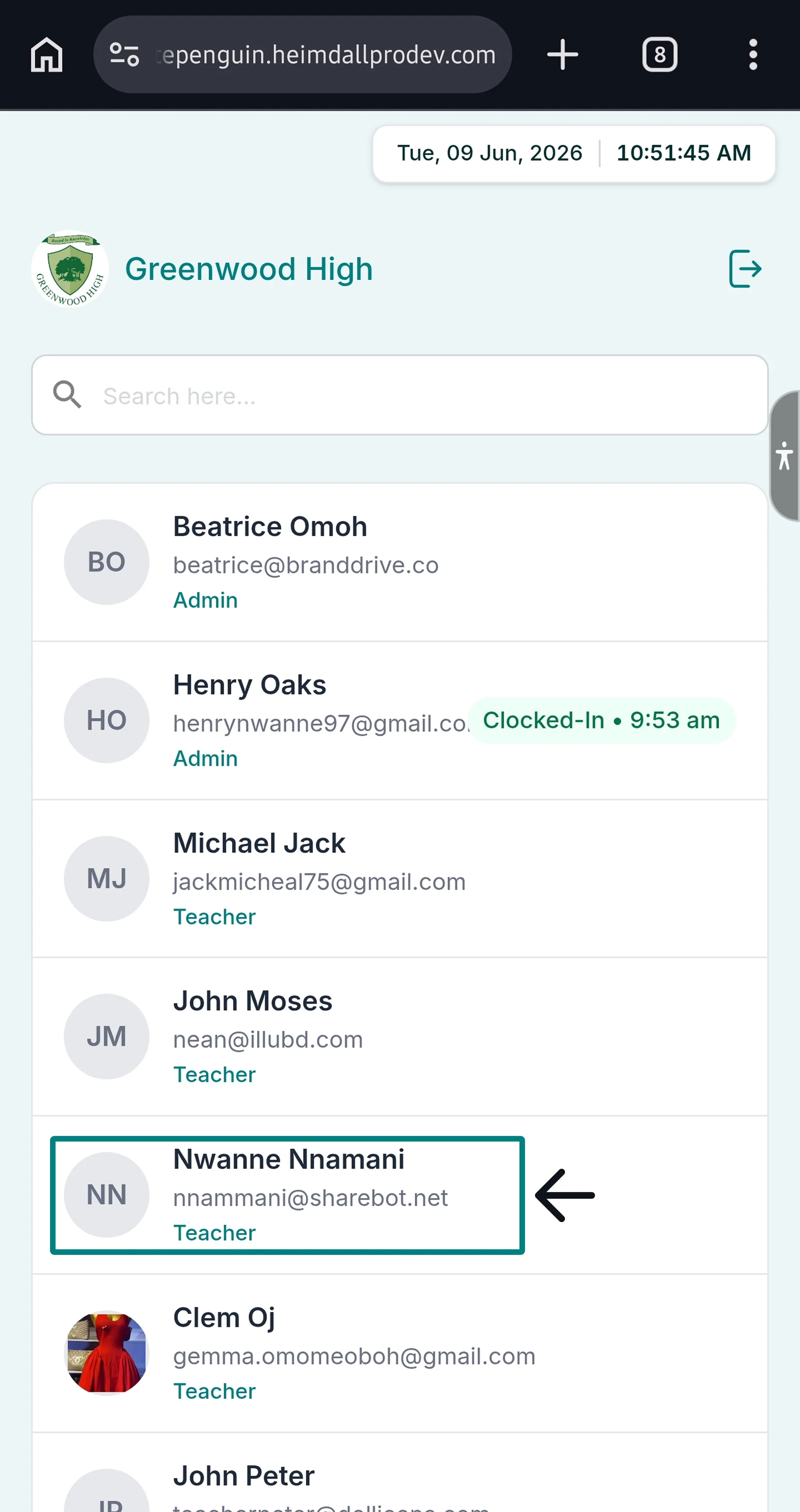 Clock In using Kiosk (Admin/Teacher - Parent) — Step 2: Select Your Name