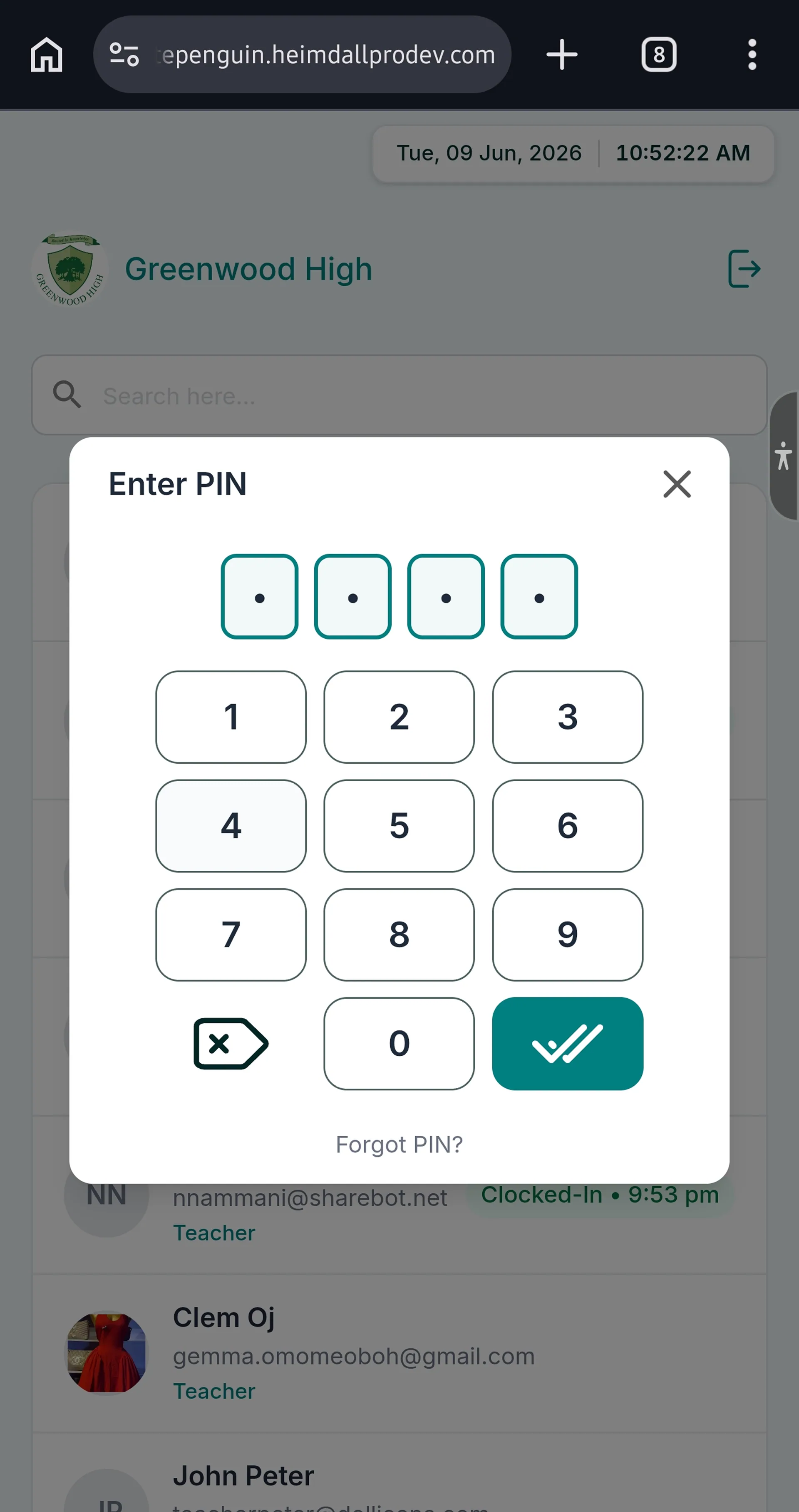 Clock In using Kiosk (Admin/Teacher - Parent) — Step 2: Select Your Name