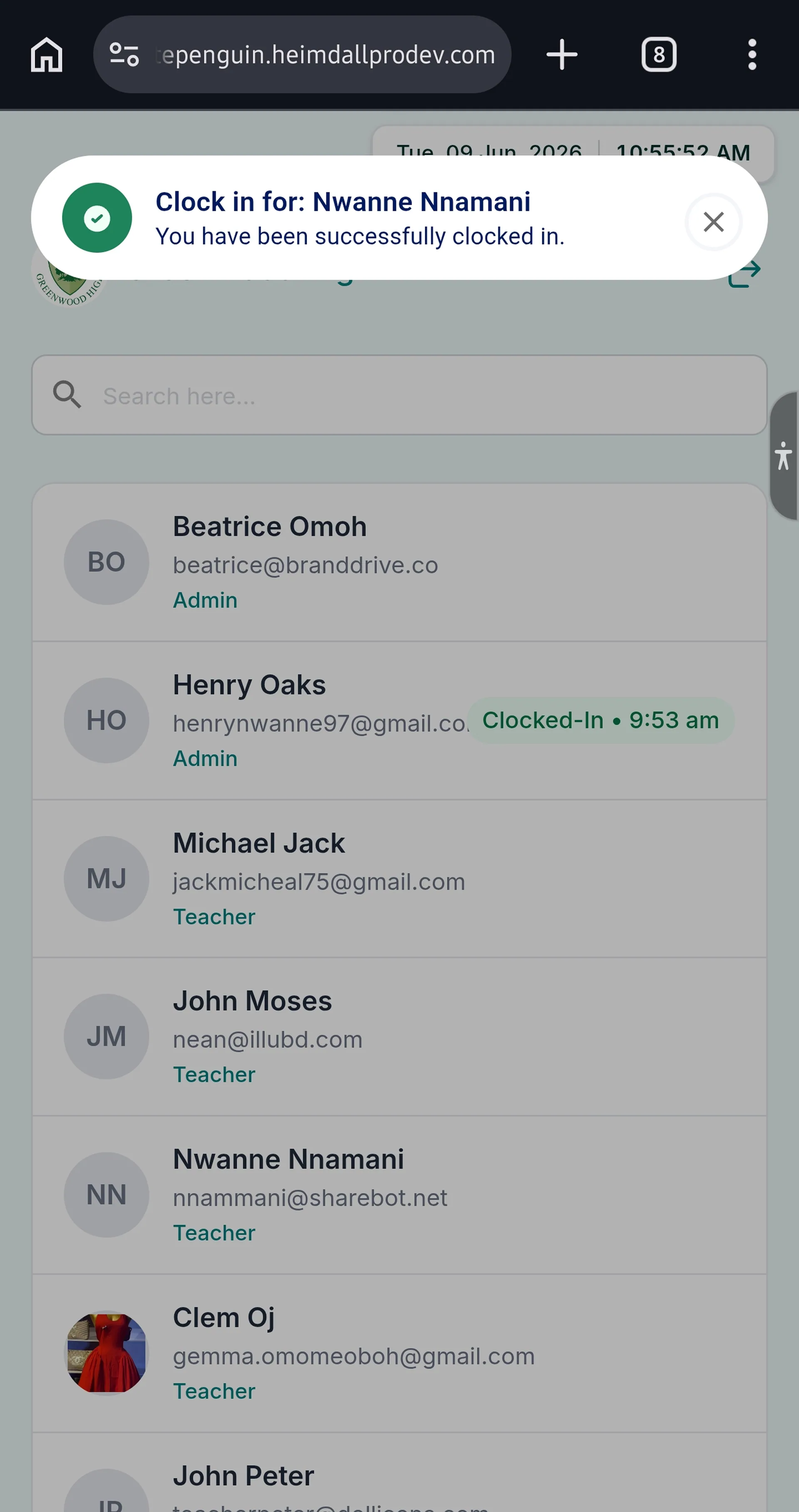 Clock In using Kiosk (Admin/Teacher - Parent) — Step 4: Confirmation