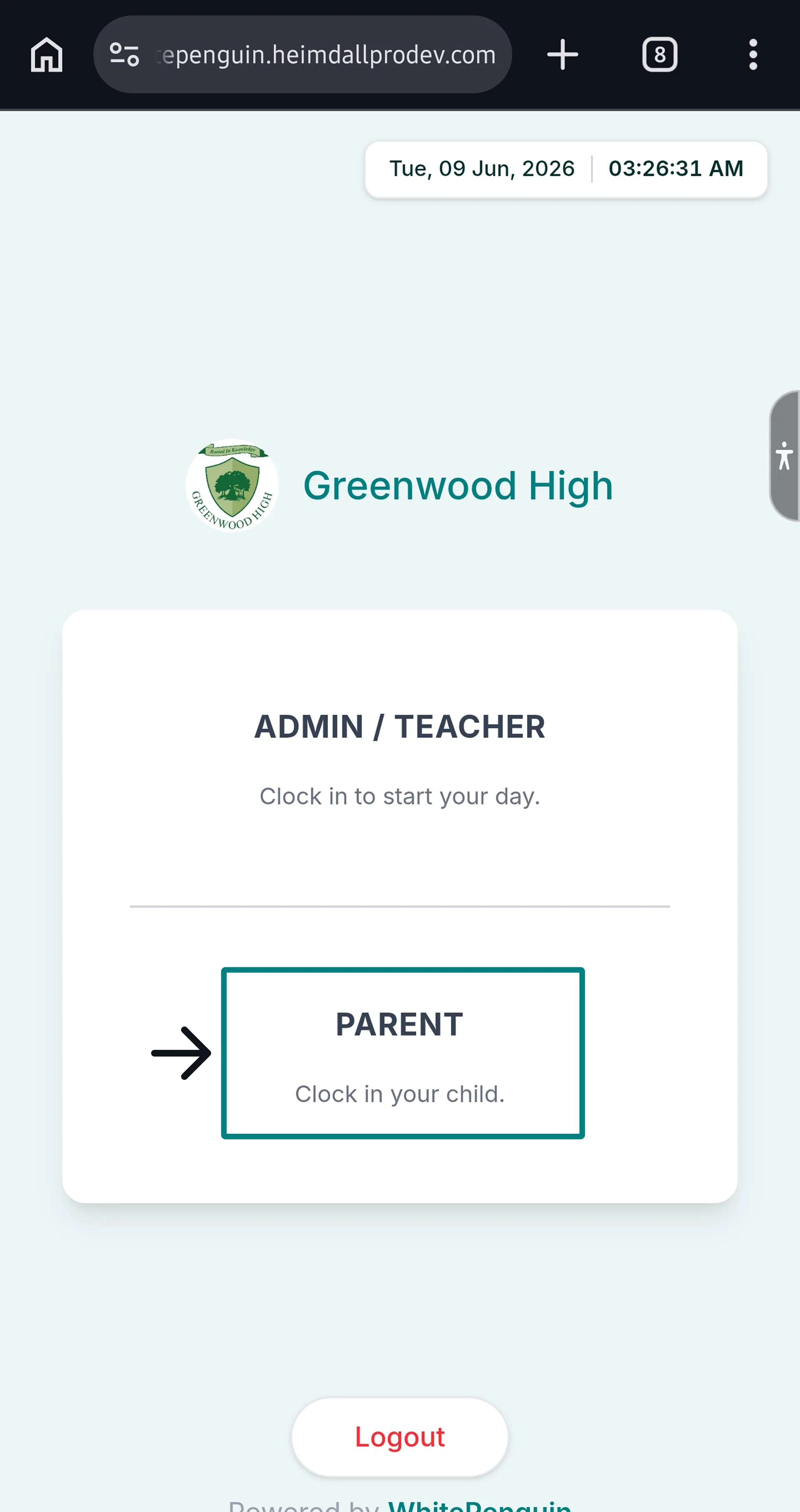 Clock In using Kiosk (Admin/Teacher - Parent) — Step 1: Access the Parent Interface