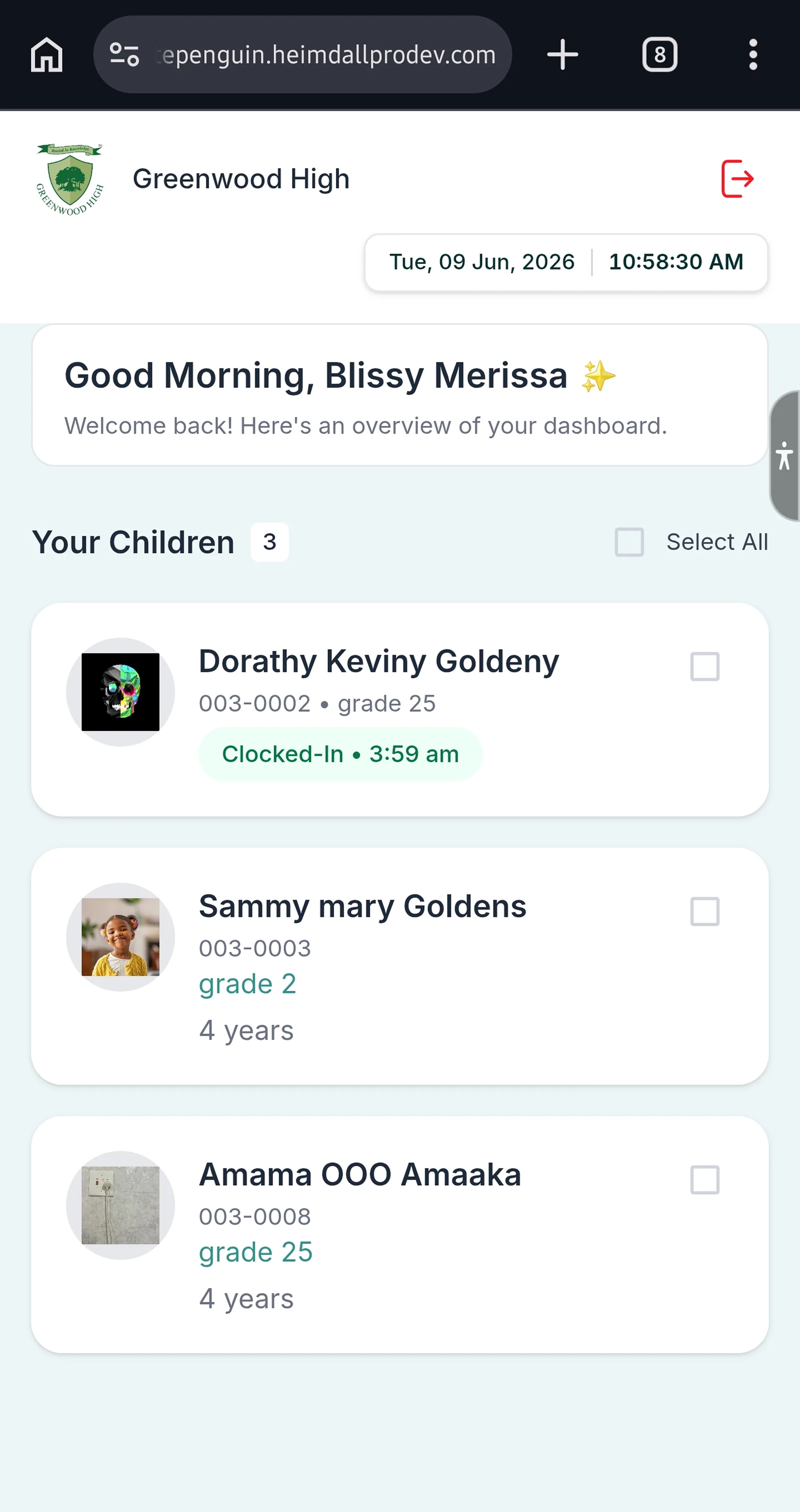 Clock In using Kiosk (Admin/Teacher - Parent) — Step 3: View Your Children Dashboard