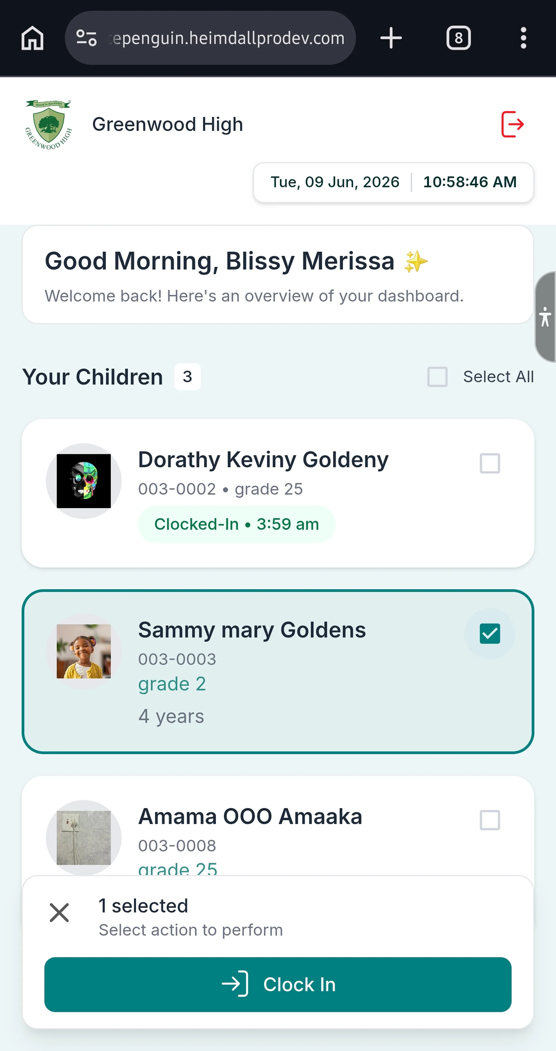 Clock In using Kiosk (Admin/Teacher - Parent) — Step 4: Select Child & Clock In