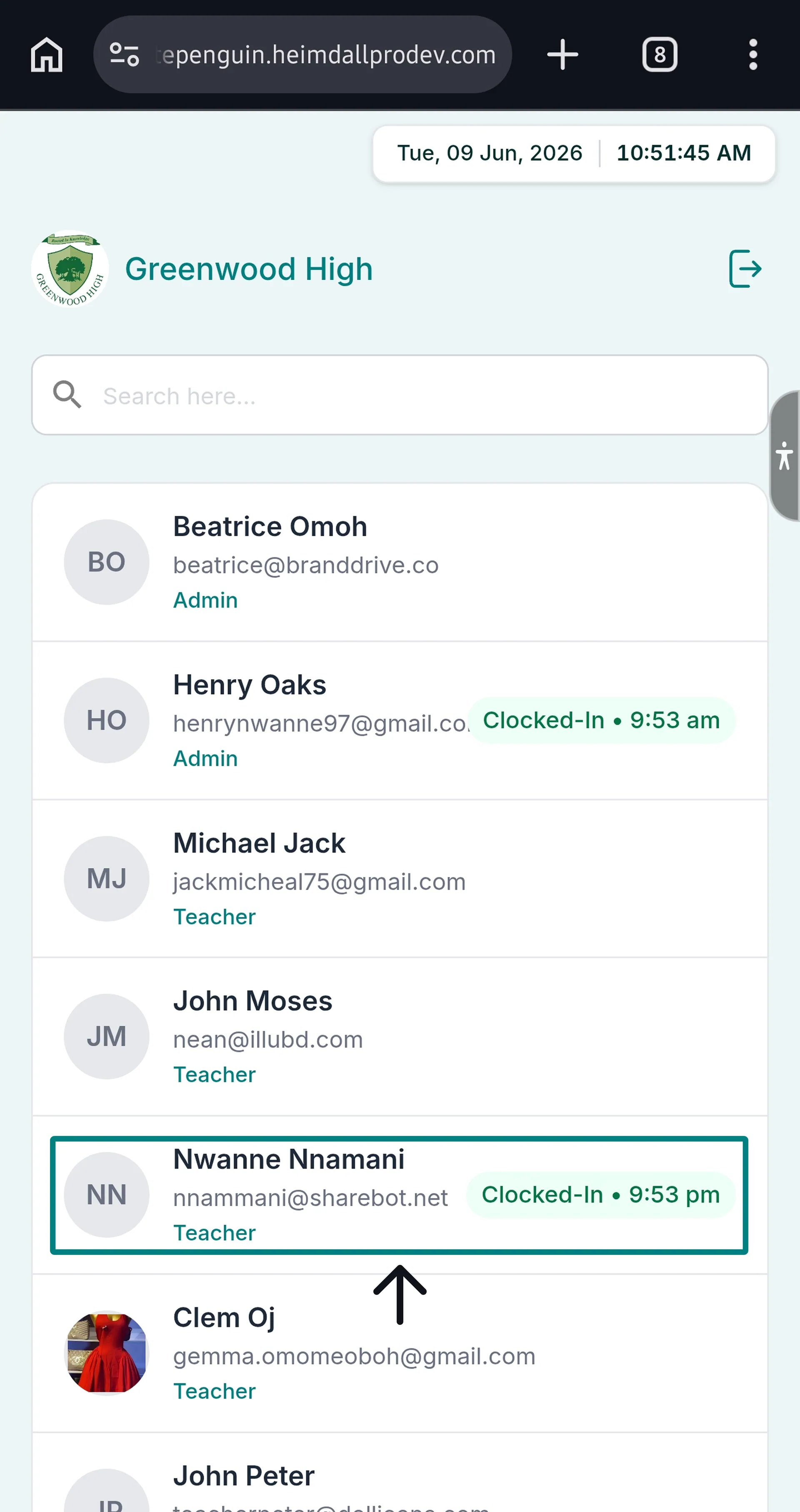 Clock Out using Kiosk (Admin/Teacher - Parent) — Step 2: Select Your Name