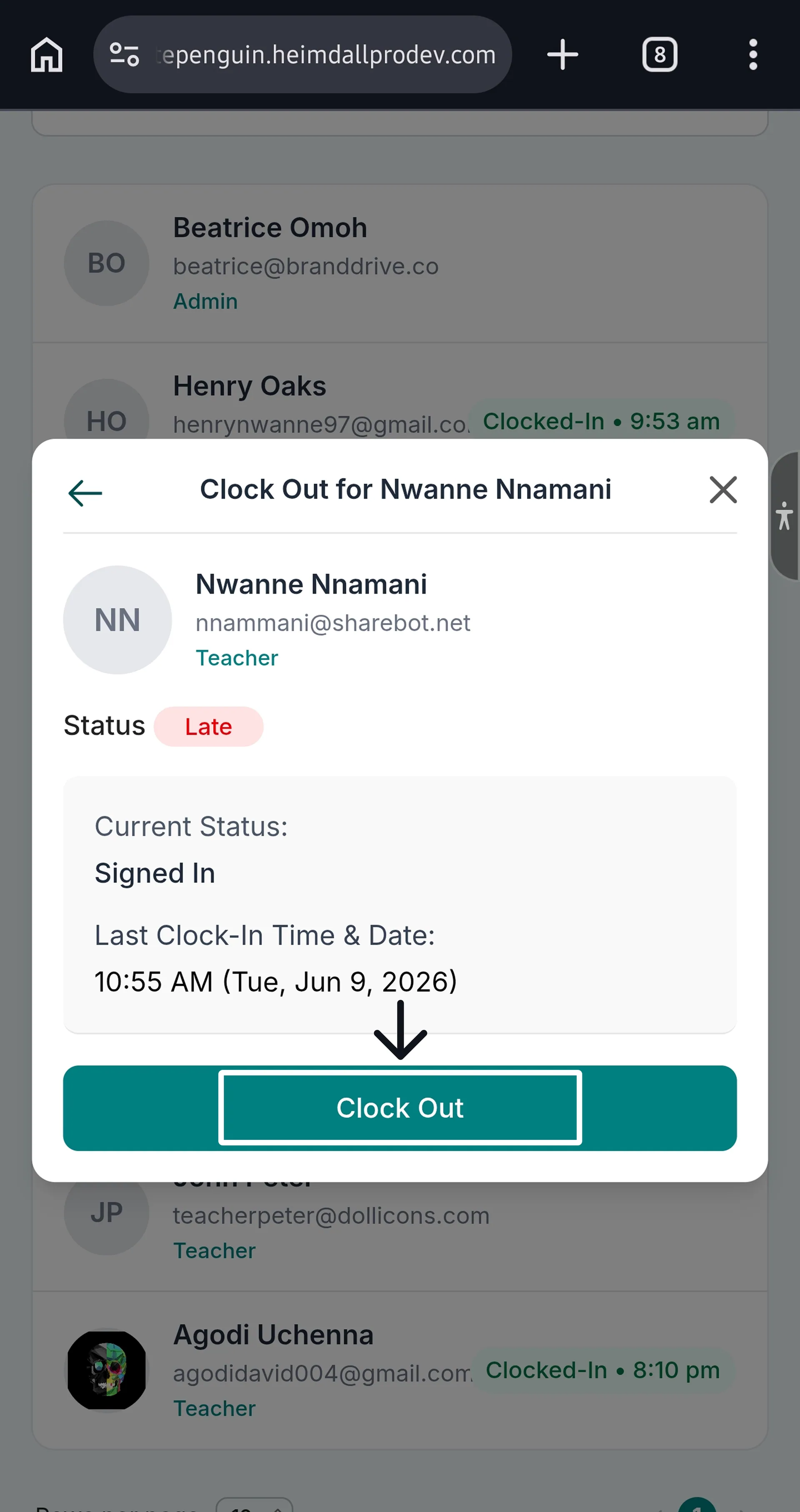 Clock Out using Kiosk (Admin/Teacher - Parent) — Step 3: Confirm Clock Out