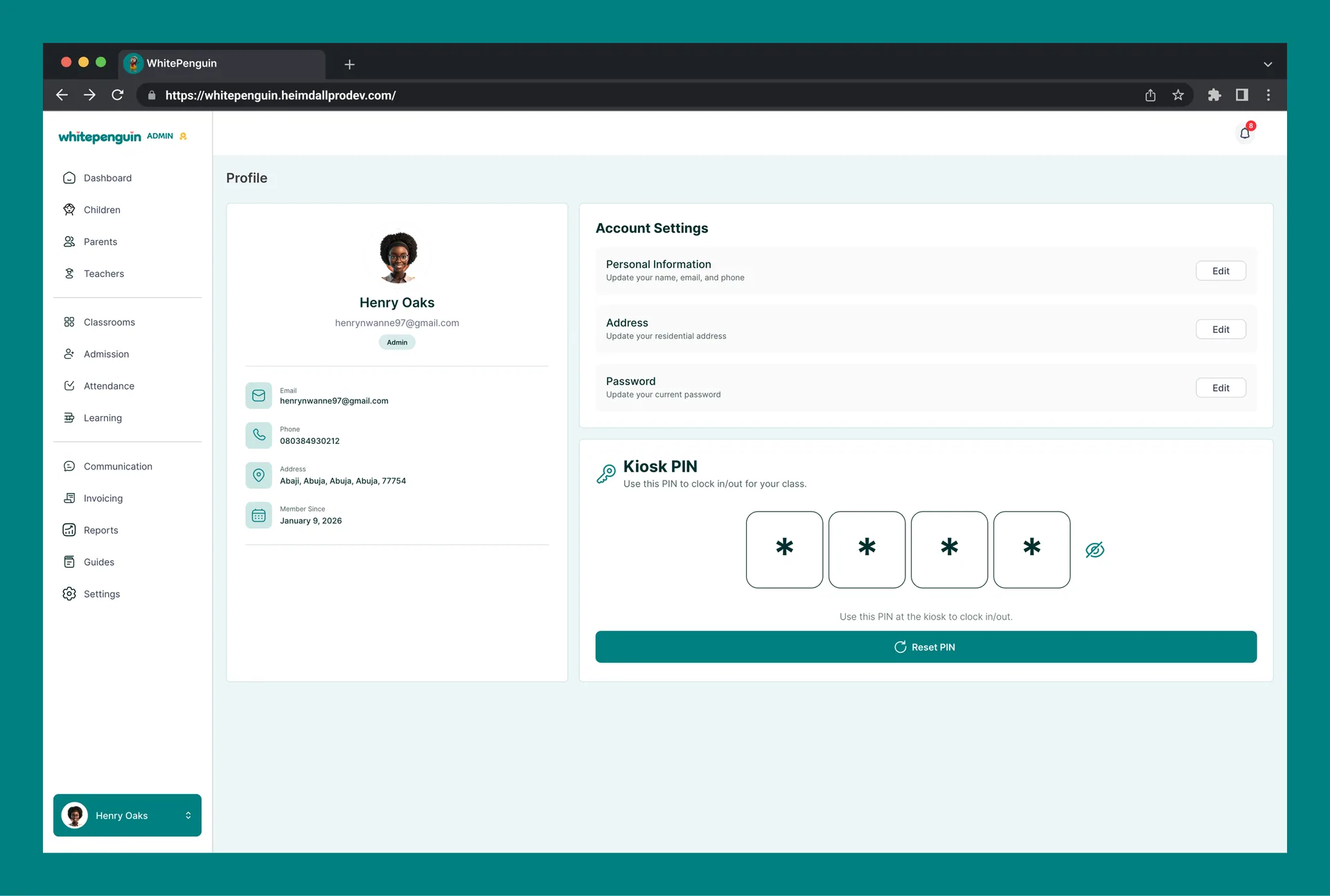 Setup & Reset Kiosk PIN (Admin/ Teacher - Parent) — How to View the Kiosk PIN (Admin)