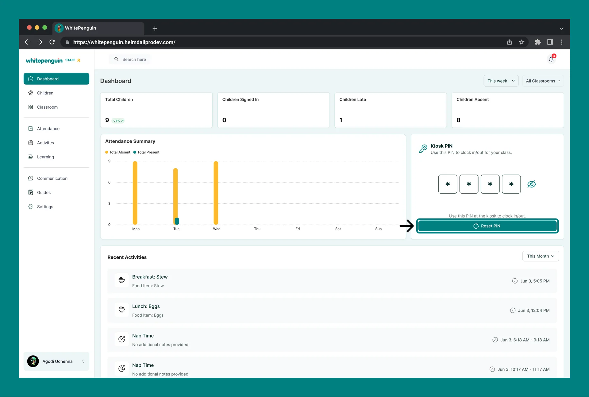 Setup & Reset Kiosk PIN (Admin/ Teacher - Parent) — How to Reset the Kiosk PIN (Teacher — Dashboard)