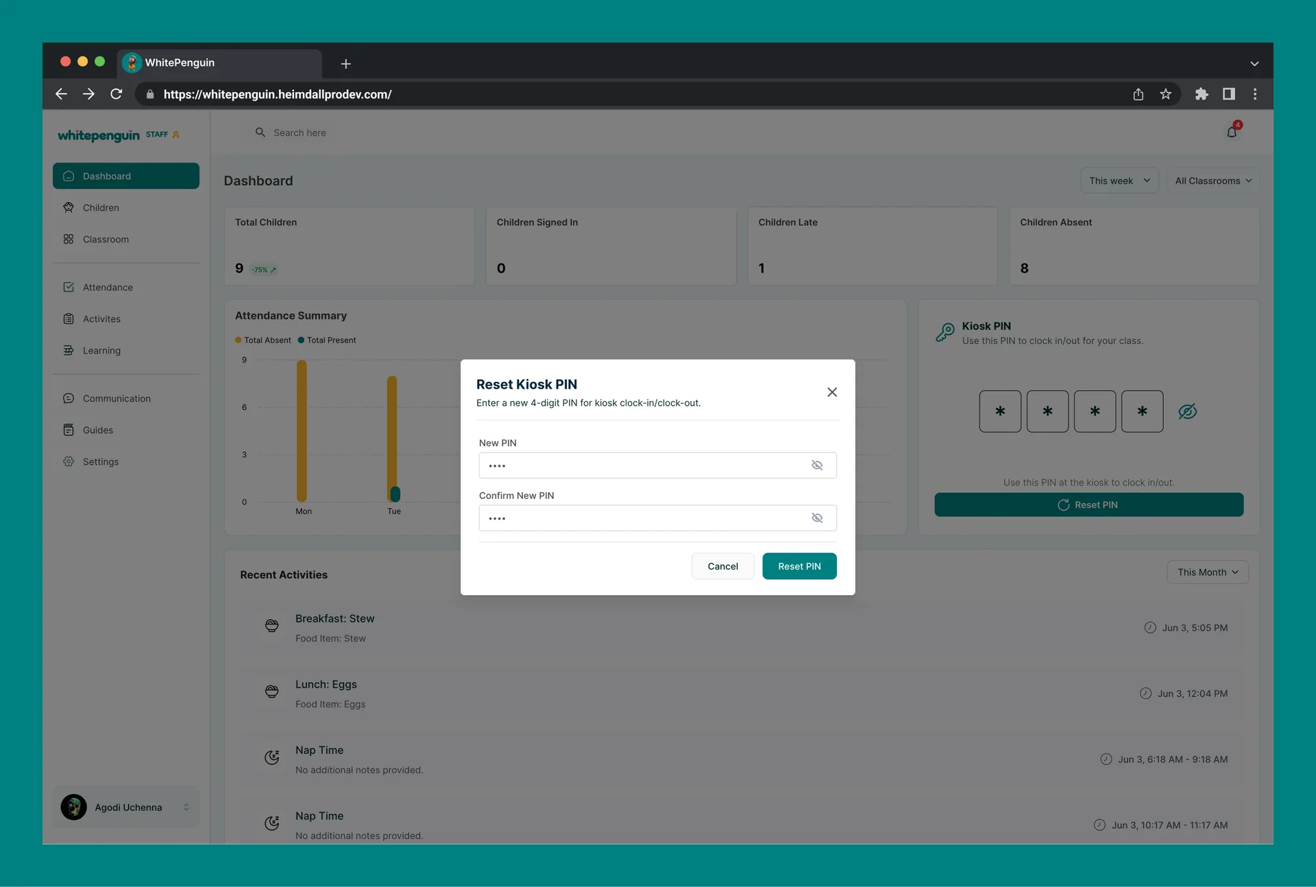 Setup & Reset Kiosk PIN (Admin/ Teacher - Parent) — How to Reset the Kiosk PIN (Teacher — Profile Avatar Menu)