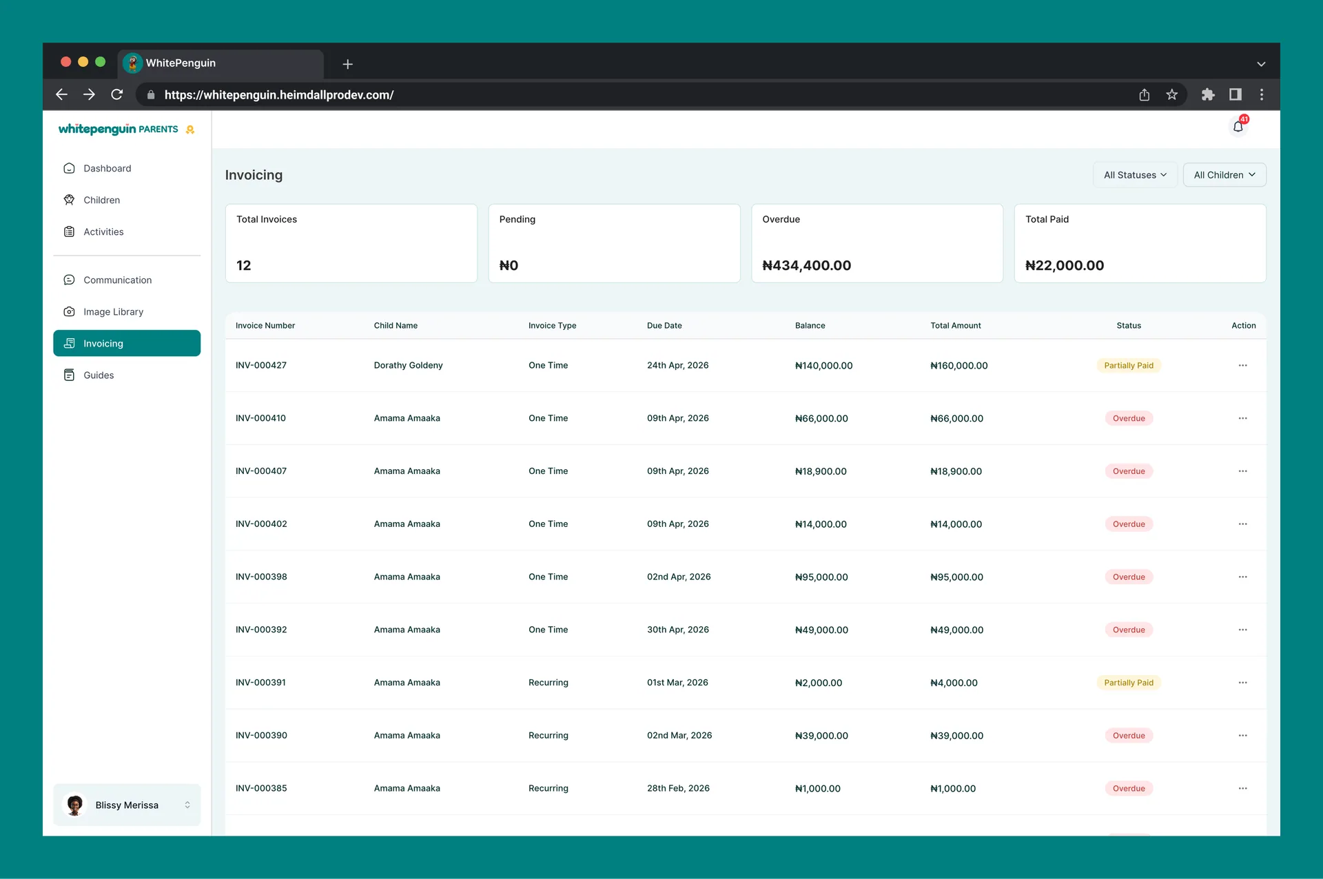 Manage My Invoices — Invoice List Columns
