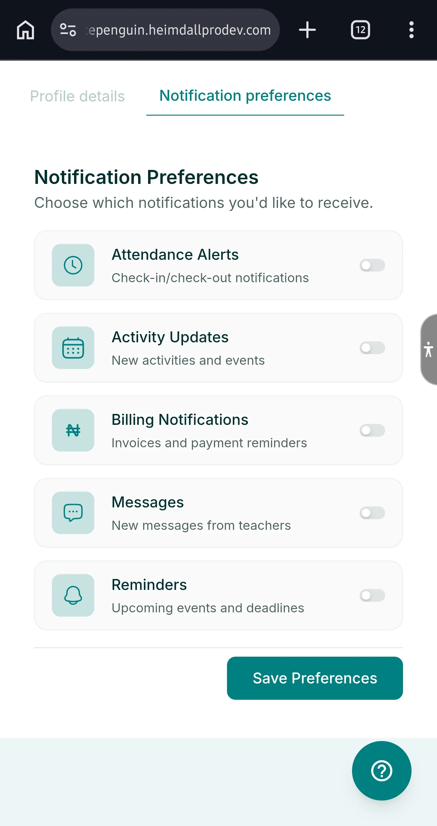 Manage My Profile — Available Notification Types