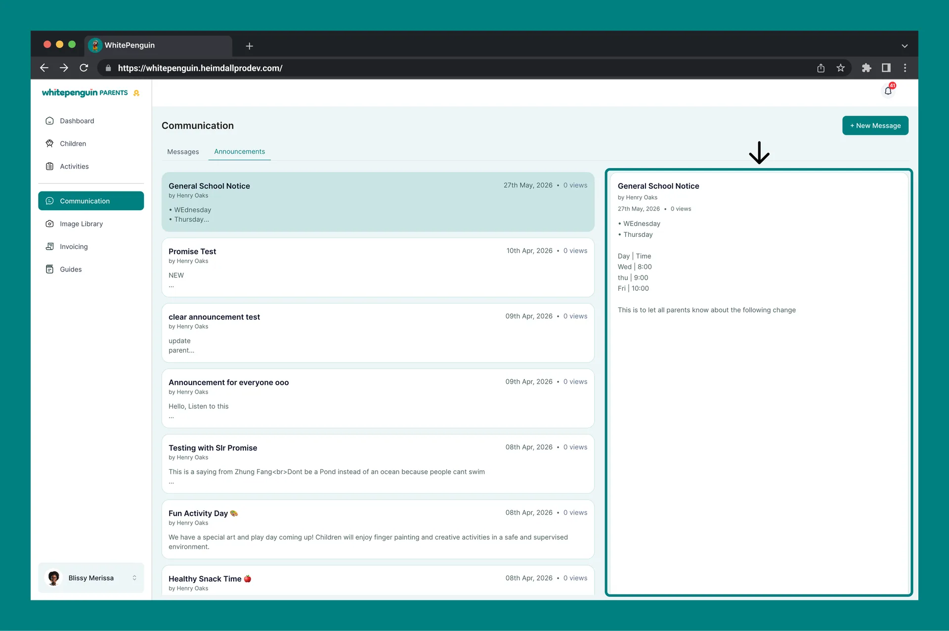 Messaging & Announcements — Reading an Announcement