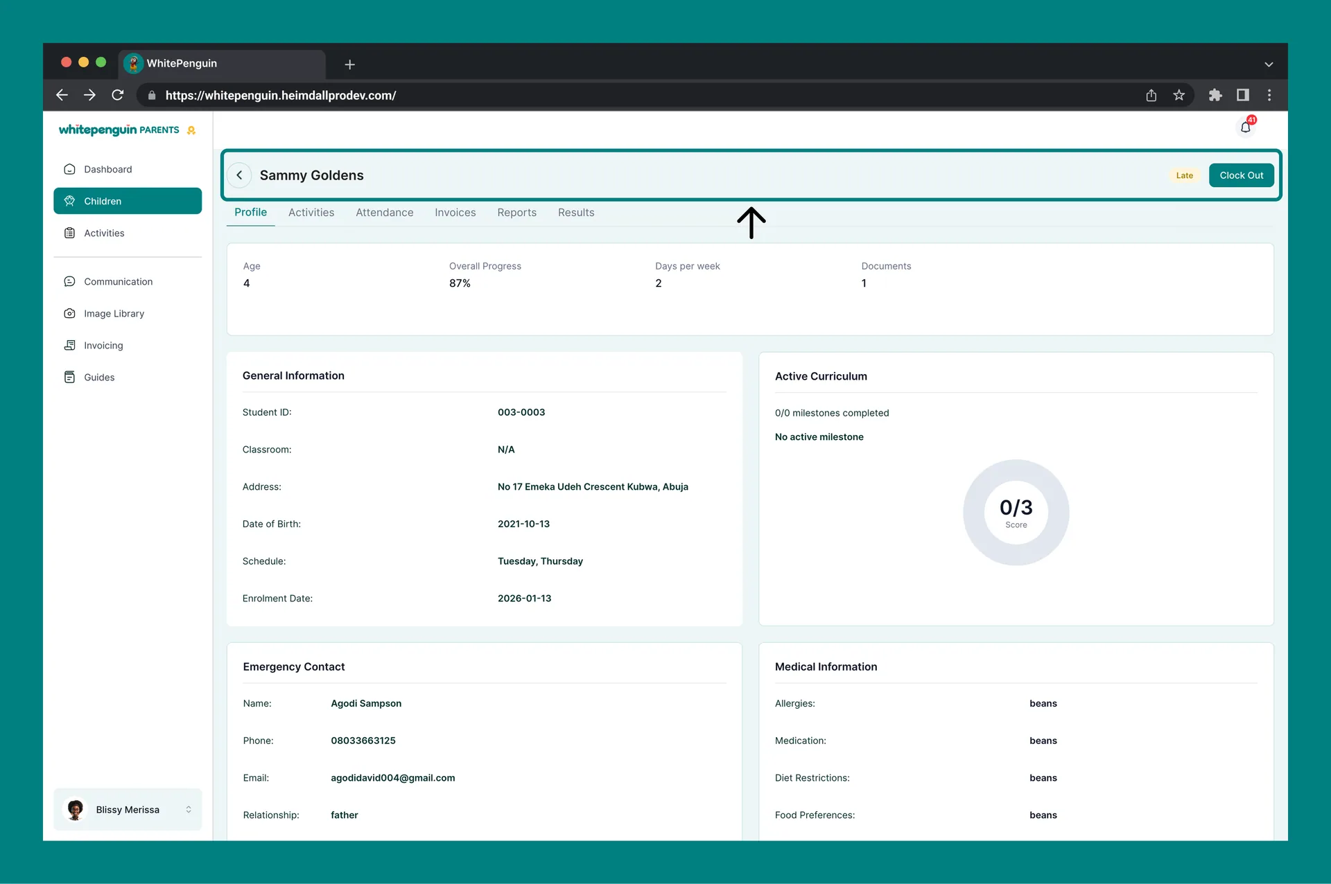 My Child's Profile & Management — Child Profile Tabs