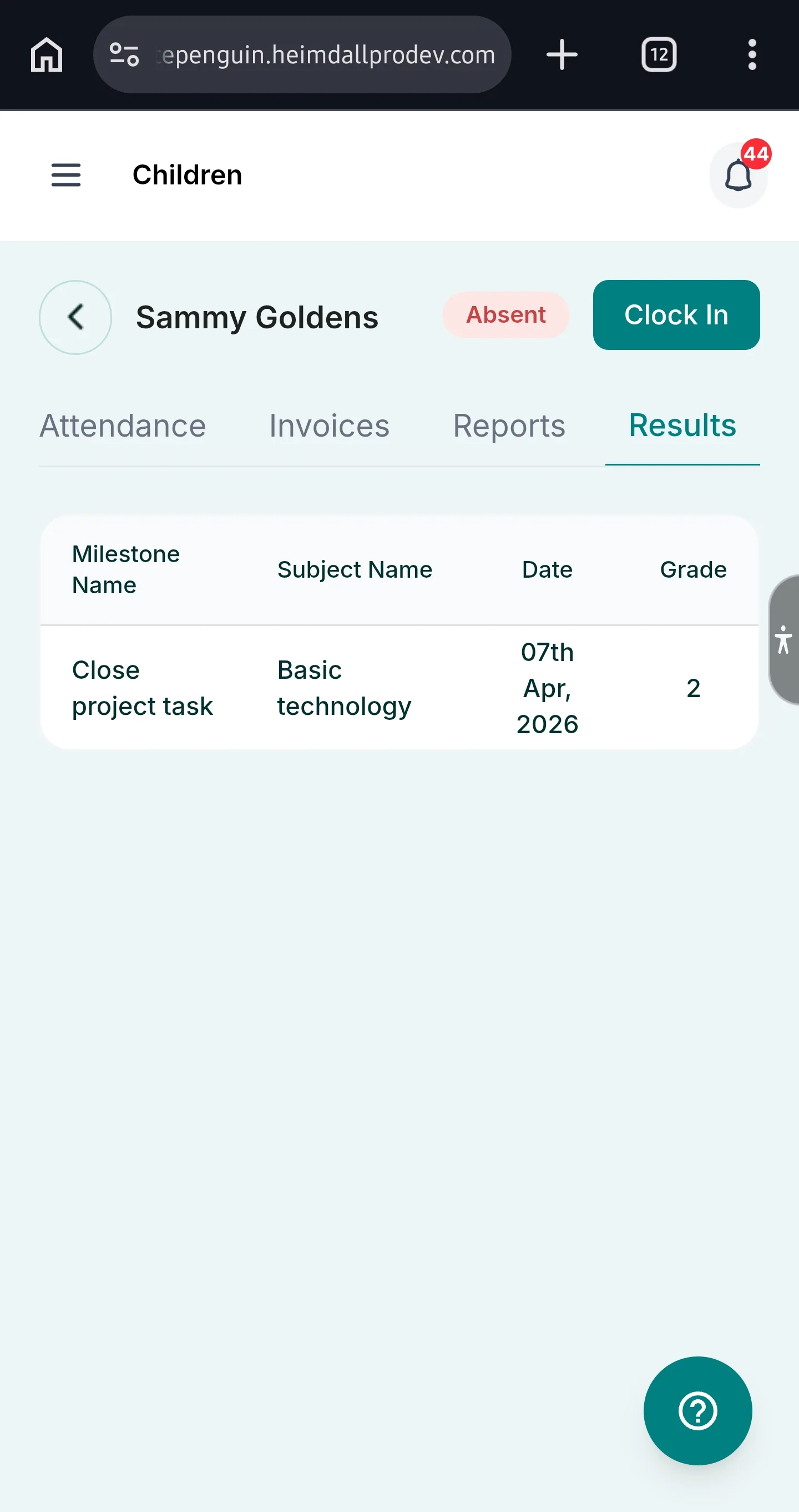 My Child's Profile & Management — Tab 6 — Results