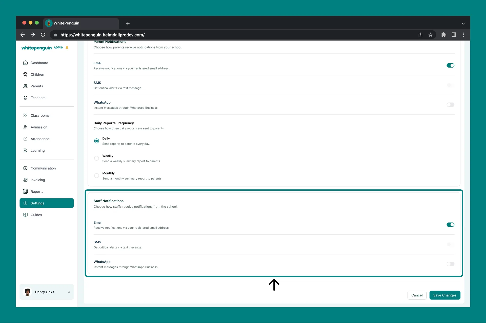 Customize Notifications — Staff Notifications
