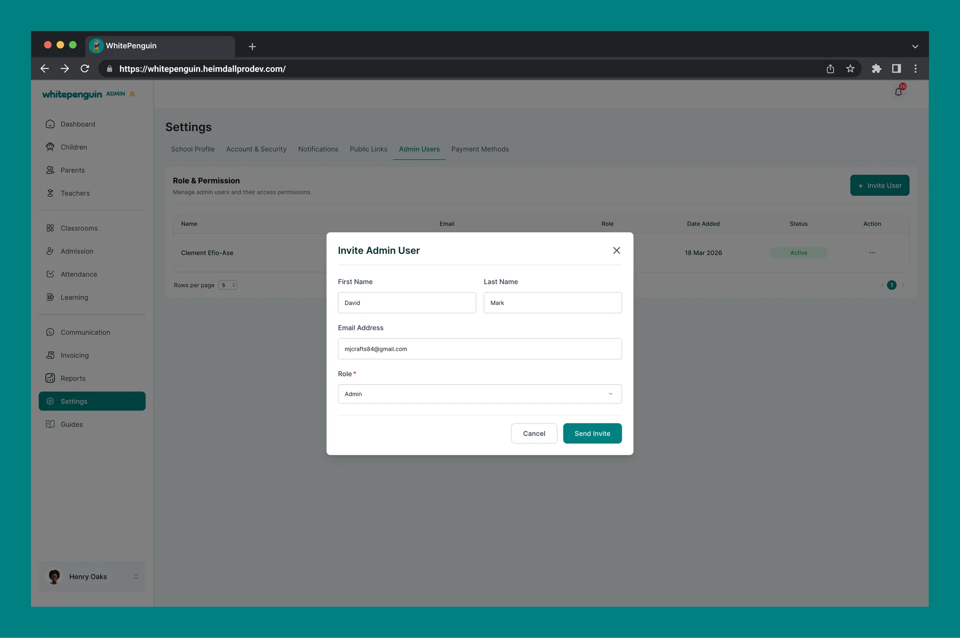 Manage Admin Users — Inviting a New Admin User