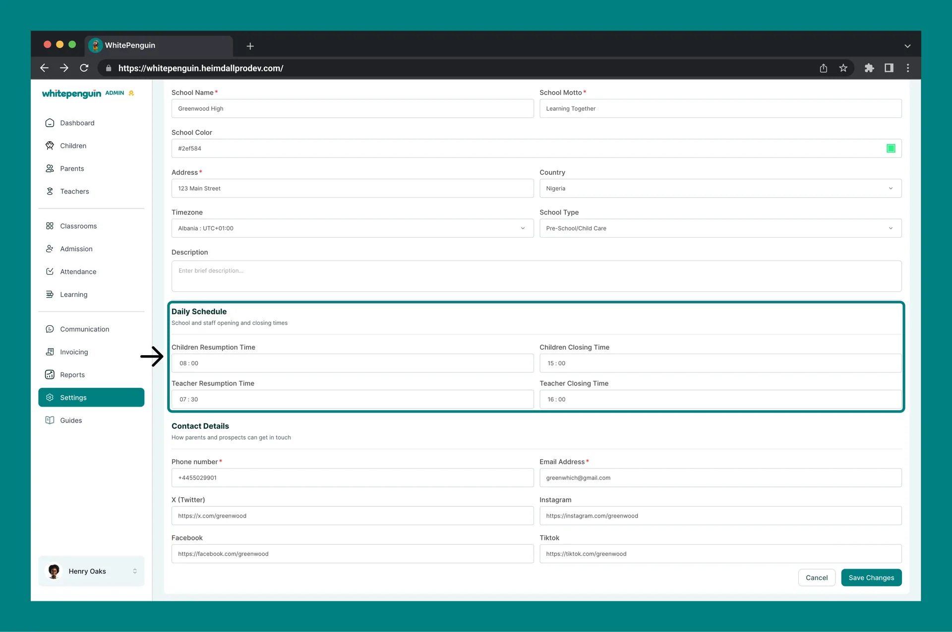 Manage School Profile — Daily Schedule